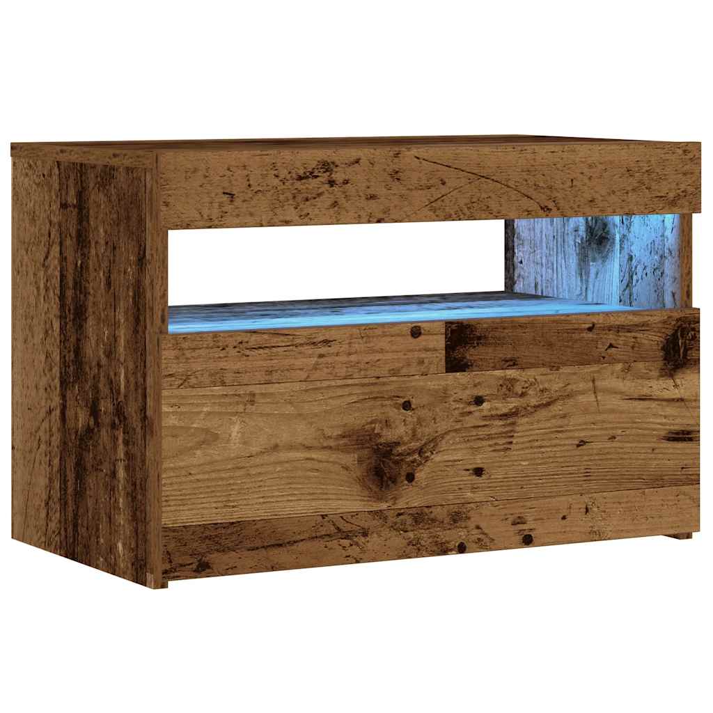 Bedside table with LED lights, reclaimed wood look, 60x35x40 cm
