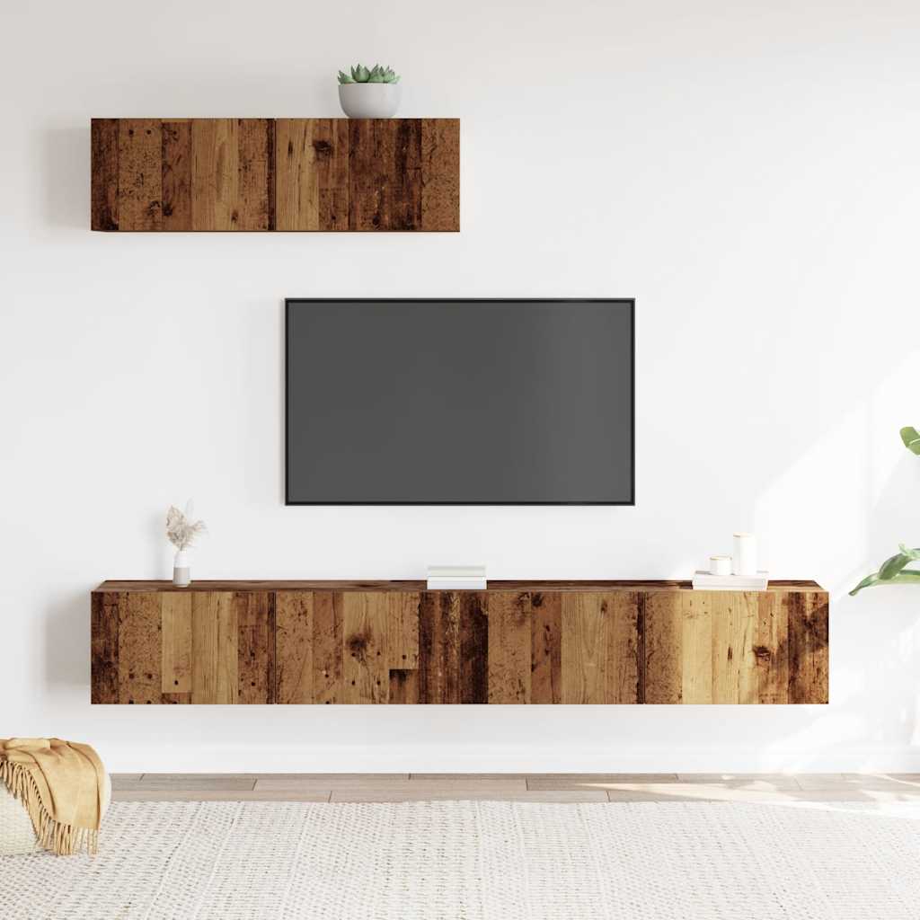 Ensemble de meubles TV 3 pièces, fixation murale, aspect bois récupéré, matériau à base de bois