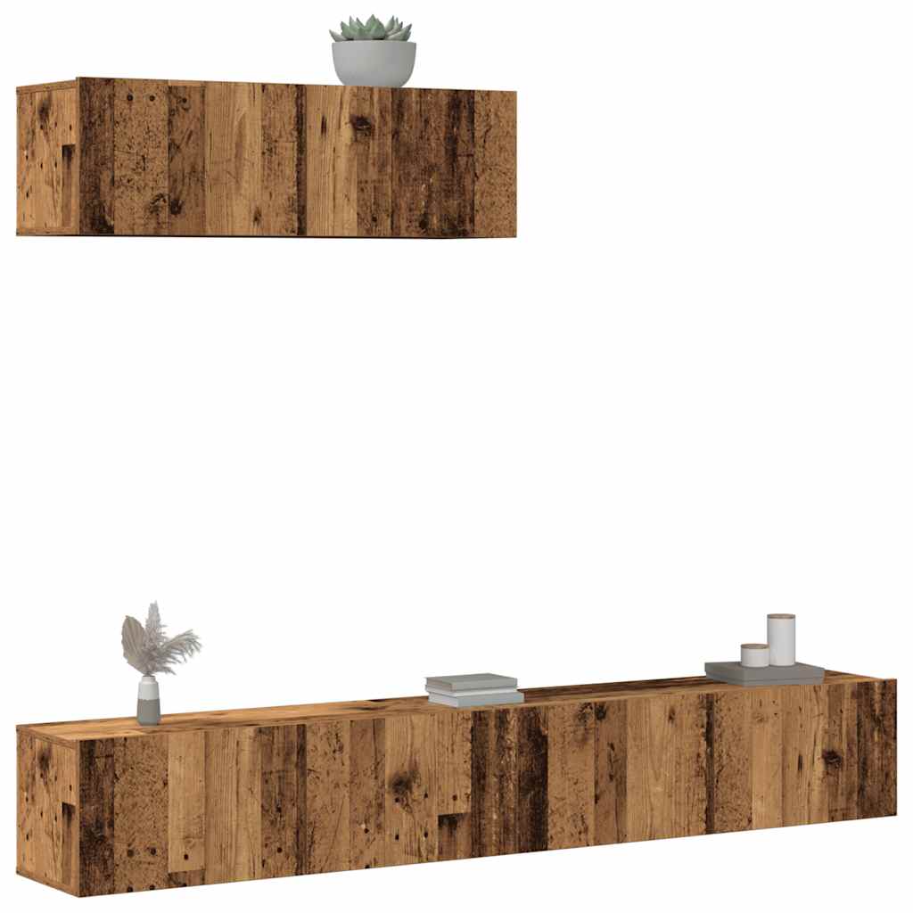 Ensemble de meubles TV 3 pièces, fixation murale, aspect bois récupéré, matériau à base de bois