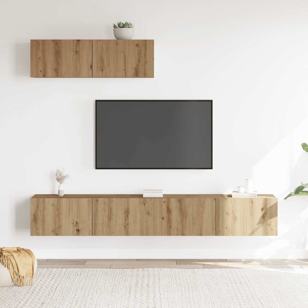 Ensemble de meubles TV 3 pièces, fixation murale, en bois de chêne artisanal