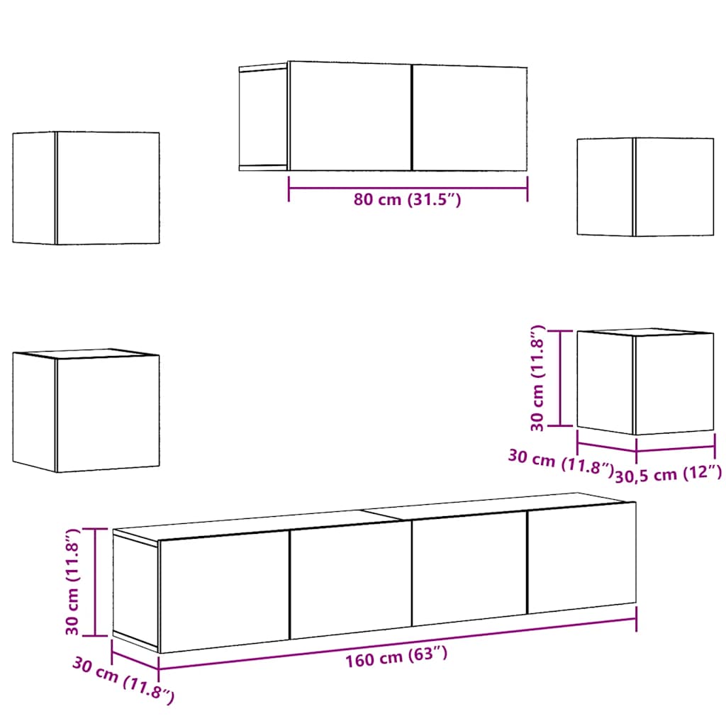 Ensemble de meubles TV muraux 5 pièces en vieux bois