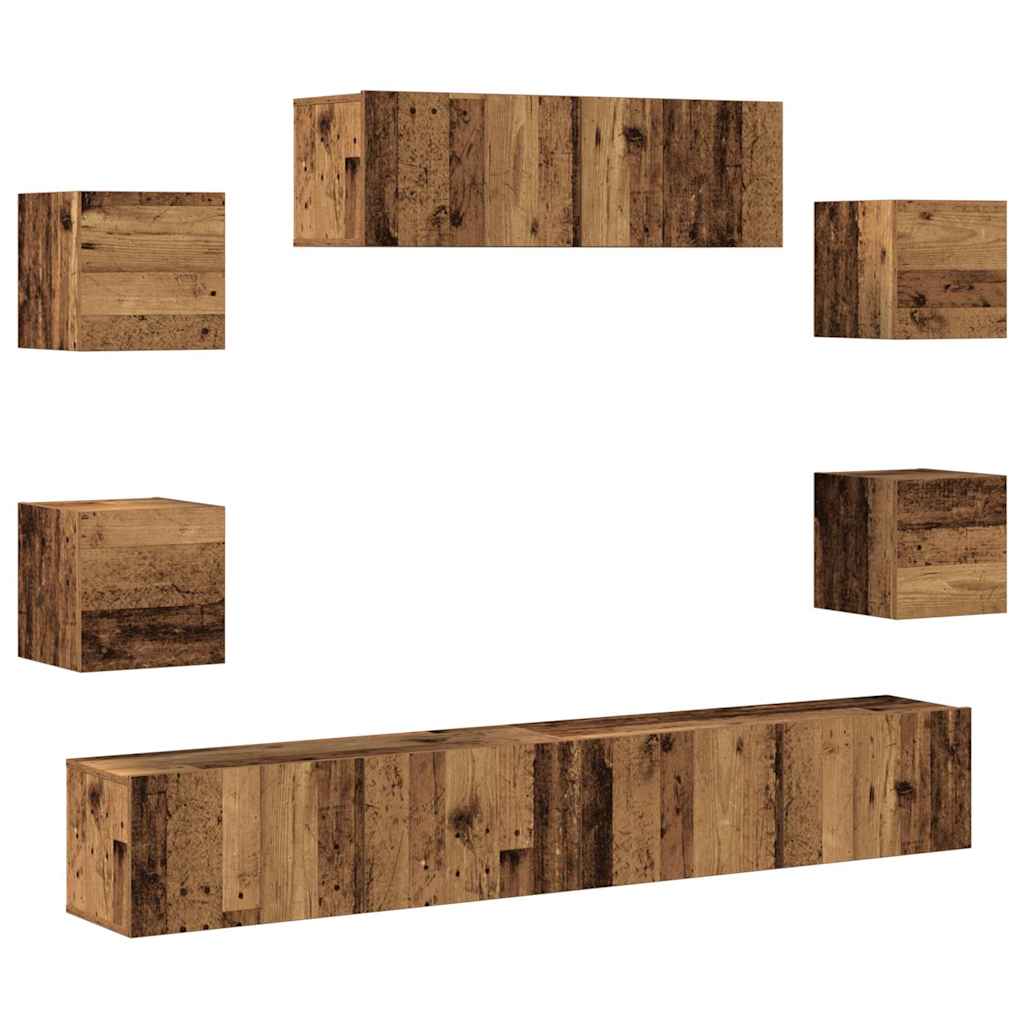 7-piece TV cabinet set, wall-mounted, reclaimed wood look, wood-based material