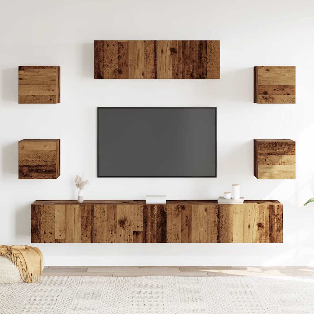 7-piece TV cabinet set, wall-mounted, reclaimed wood look, wood-based material