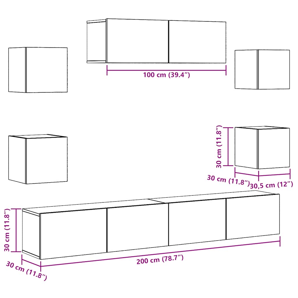 7-piece TV cabinet set, wall-mounted, reclaimed wood look, wood-based material