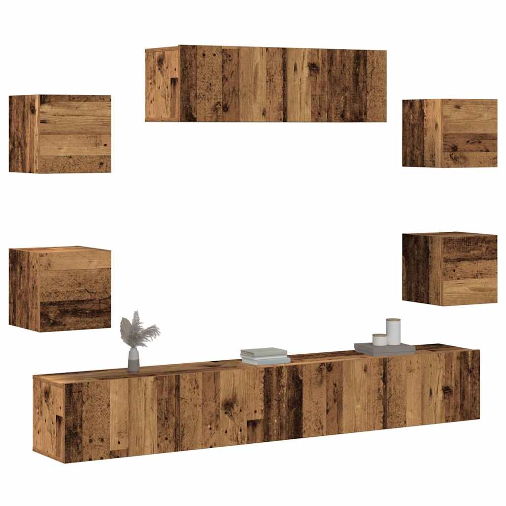 7-piece TV cabinet set, wall-mounted, reclaimed wood look, wood-based material