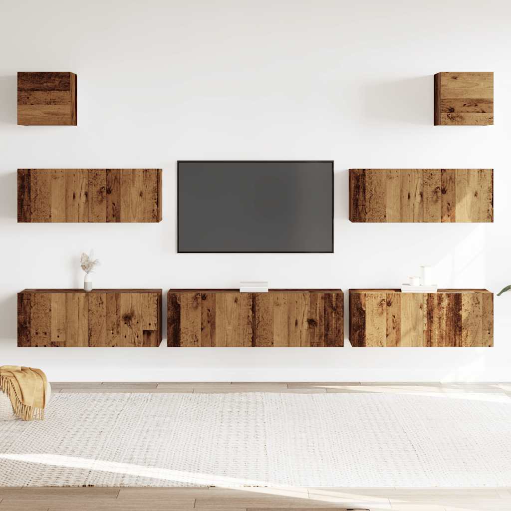 7-piece TV cabinet set, wall-mounted, reclaimed wood look, wood-based material