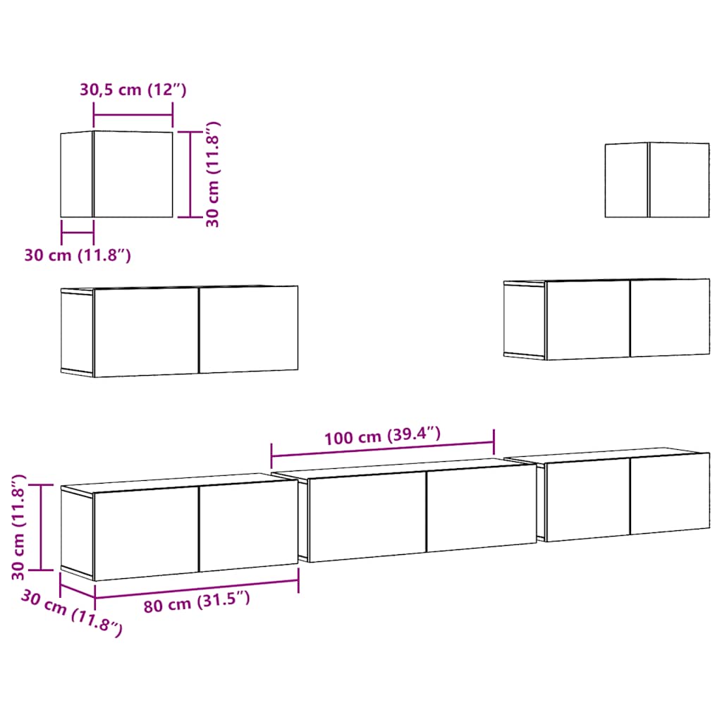 7-piece TV cabinet set, wall-mounted, reclaimed wood look, wood-based material