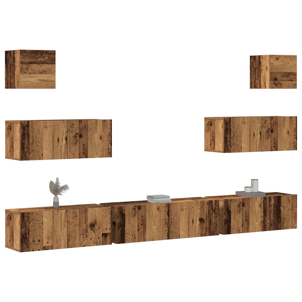 7-piece TV cabinet set, wall-mounted, reclaimed wood look, wood-based material
