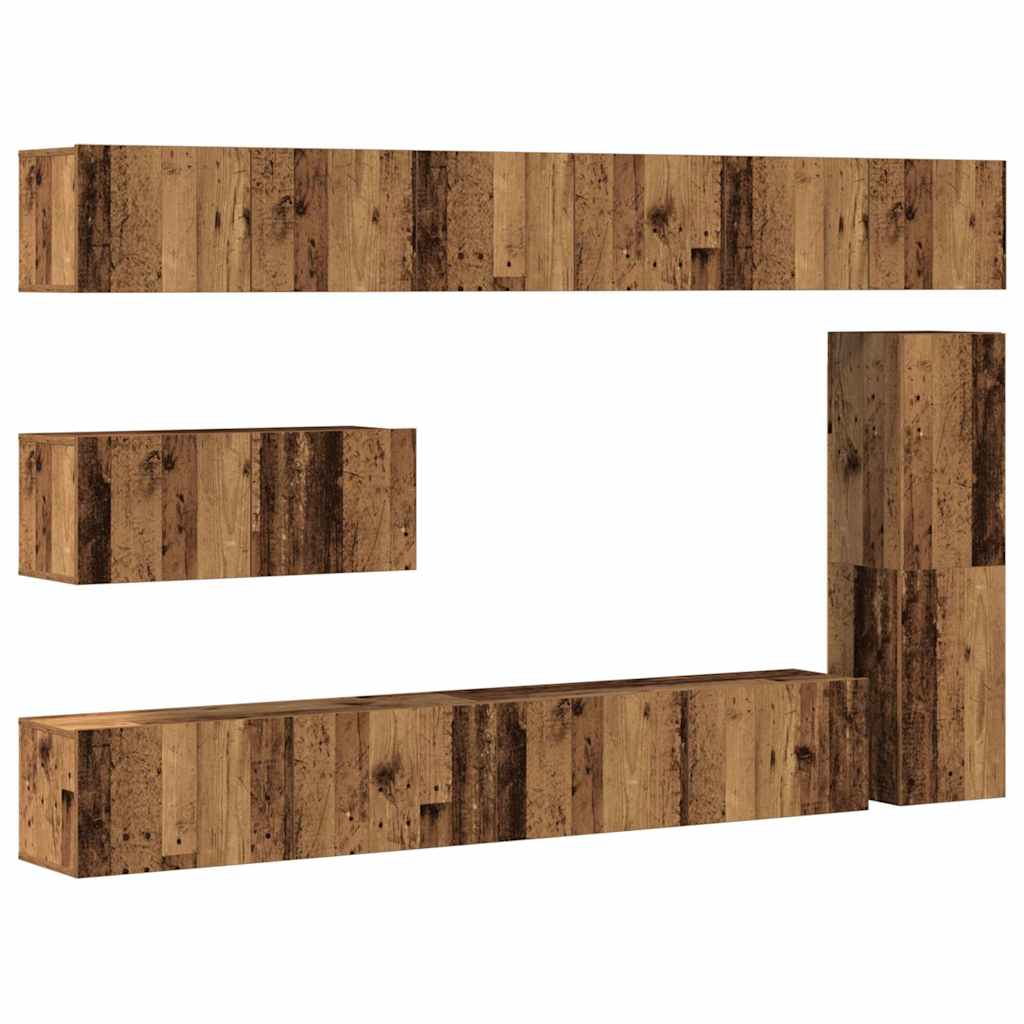 7-piece TV cabinet set, wall-mounted, reclaimed wood look, wood-based material