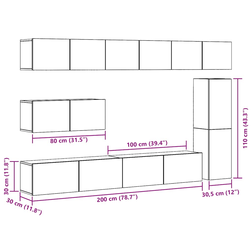7-piece TV cabinet set, wall-mounted, reclaimed wood look, wood-based material