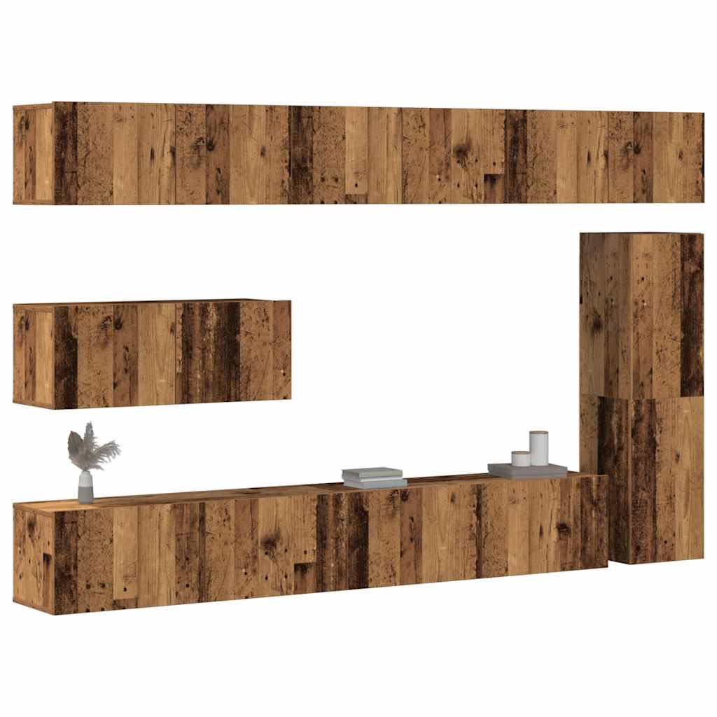 7-piece TV cabinet set, wall-mounted, reclaimed wood look, wood-based material
