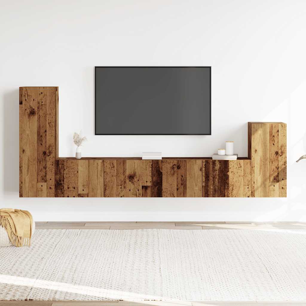 Ensemble de meubles TV 4 pièces, fixation murale, aspect bois récupéré, matériau à base de bois