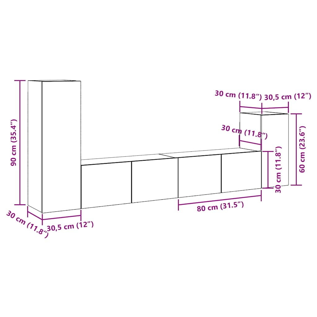 Ensemble de meubles TV 4 pièces, fixation murale, aspect bois récupéré, matériau à base de bois