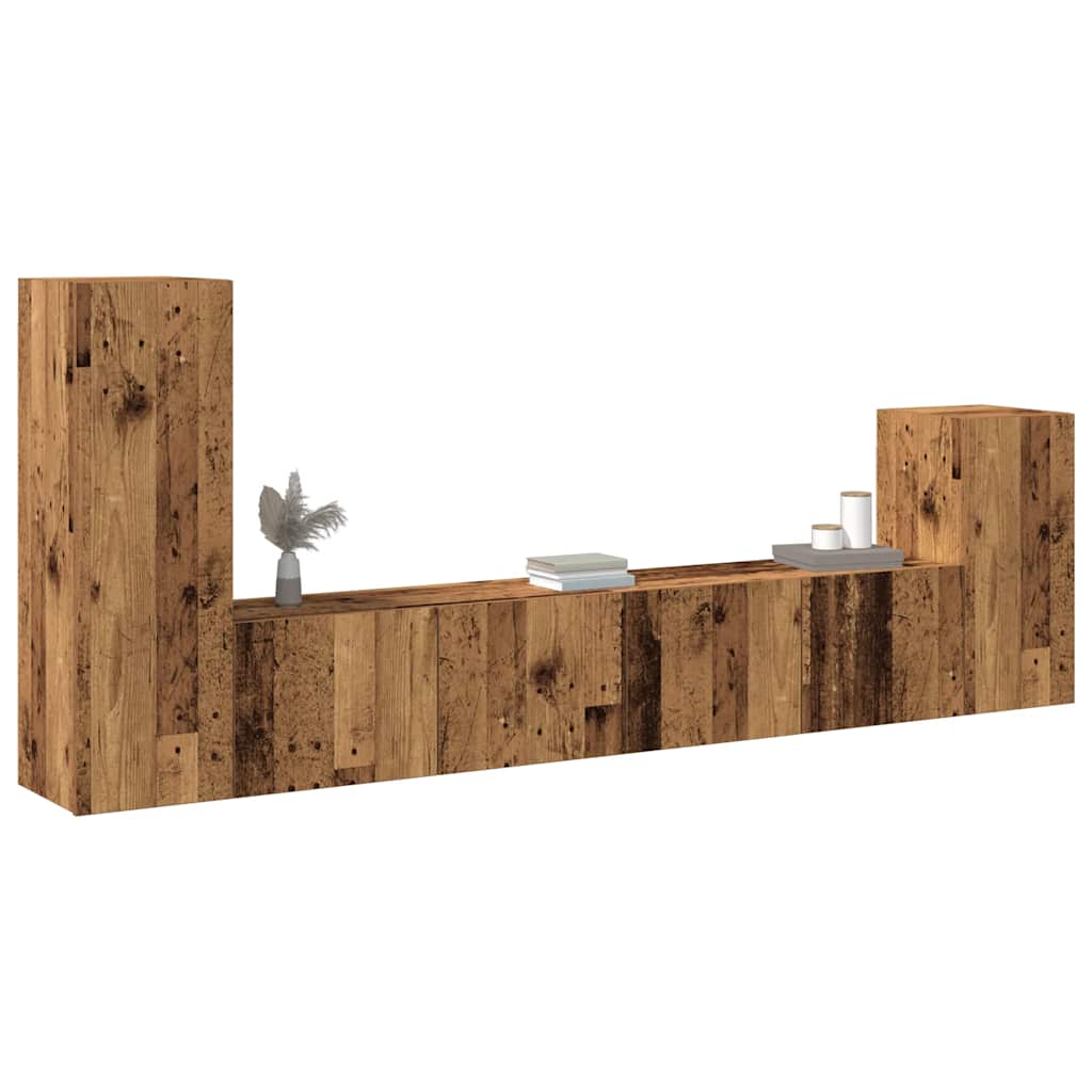 Ensemble de meubles TV 4 pièces, fixation murale, aspect bois récupéré, matériau à base de bois