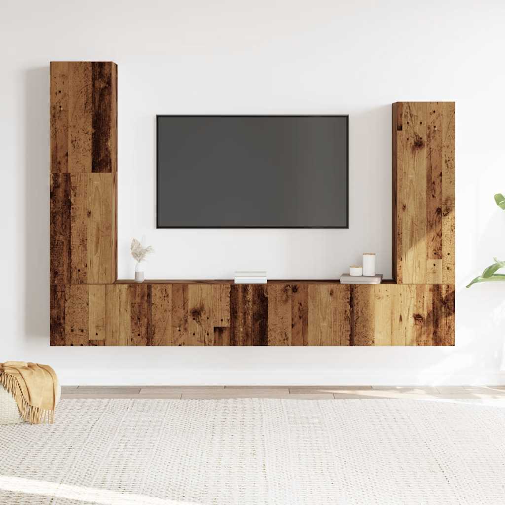 Ensemble de meubles TV 4 pièces, fixation murale, aspect bois récupéré, matériau à base de bois