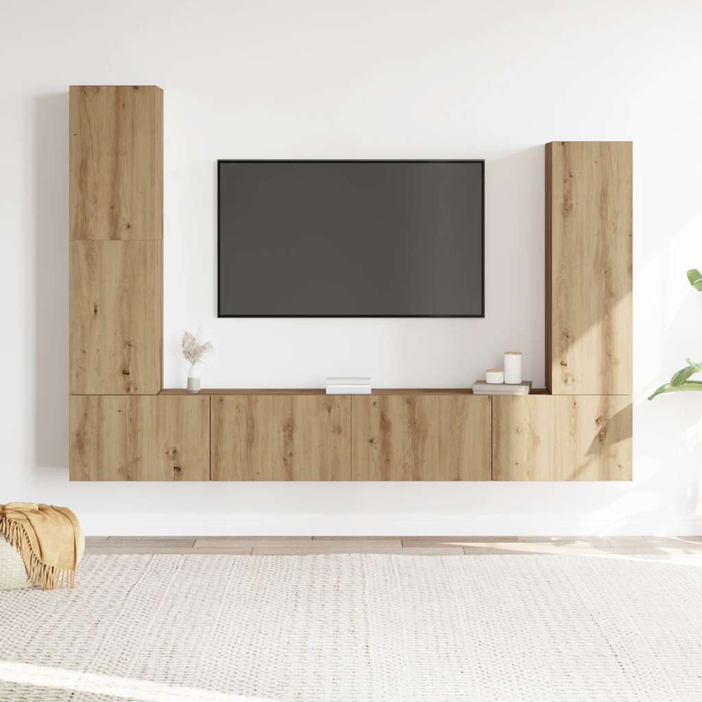 Ensemble de meubles TV 4 pièces, fixation murale, en bois de chêne artisanal