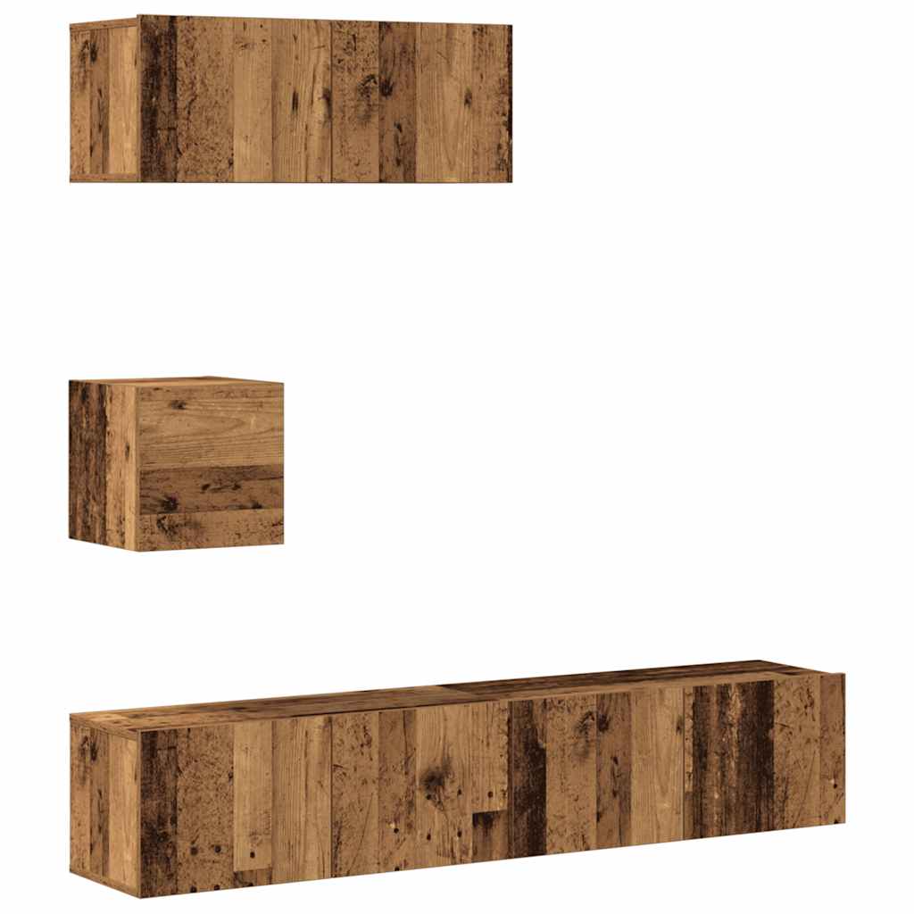 Ensemble de meubles TV 4 pièces, fixation murale, aspect bois récupéré, matériau à base de bois