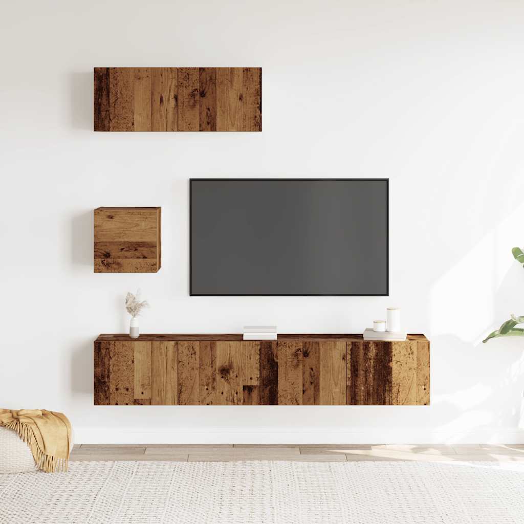 Ensemble de meubles TV 4 pièces, fixation murale, aspect bois récupéré, matériau à base de bois