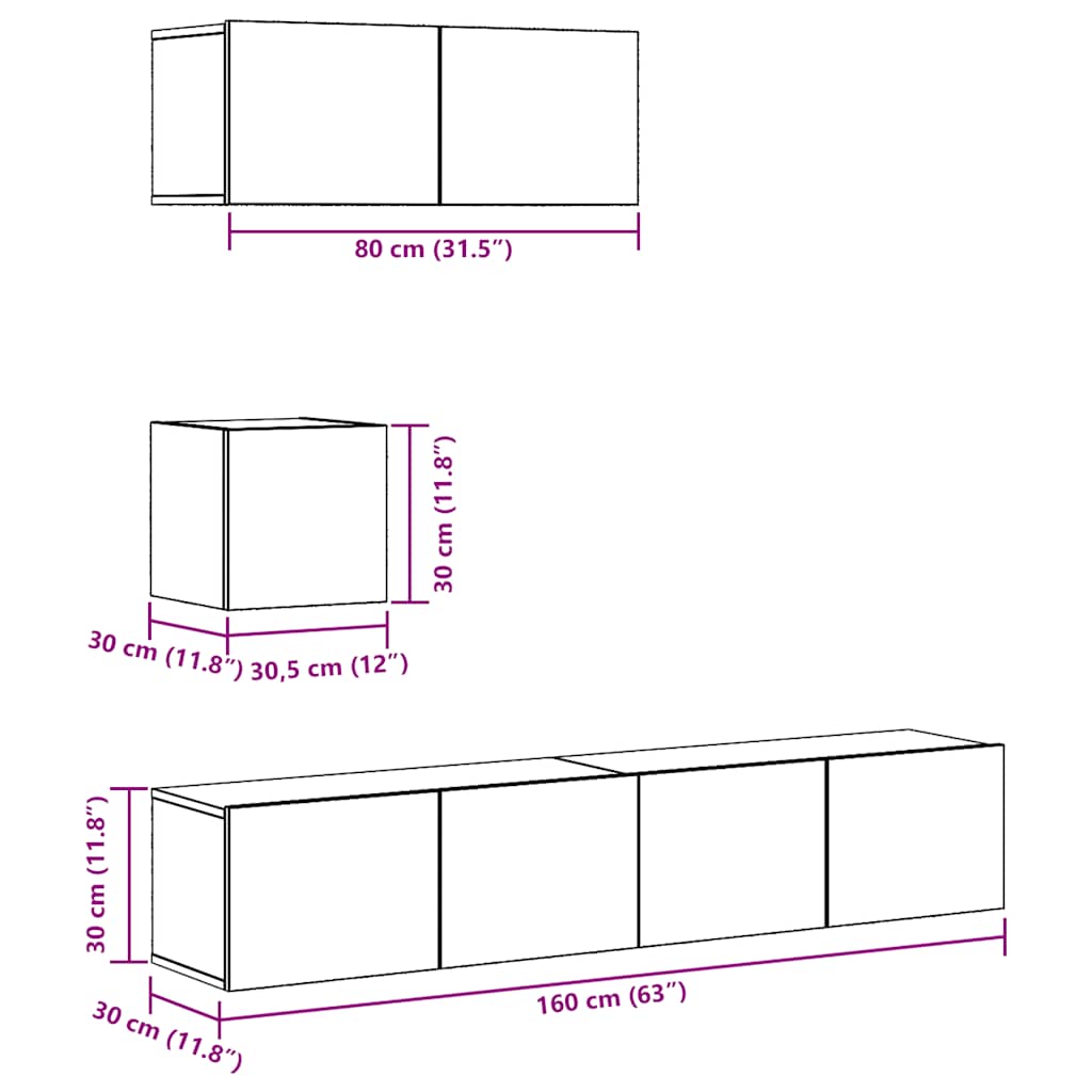 Ensemble de meubles TV 4 pièces, fixation murale, aspect bois récupéré, matériau à base de bois