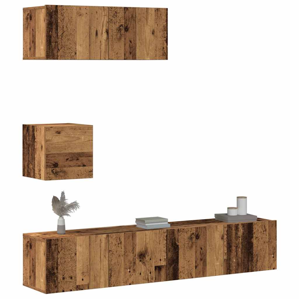 Ensemble de meubles TV 4 pièces, fixation murale, aspect bois récupéré, matériau à base de bois