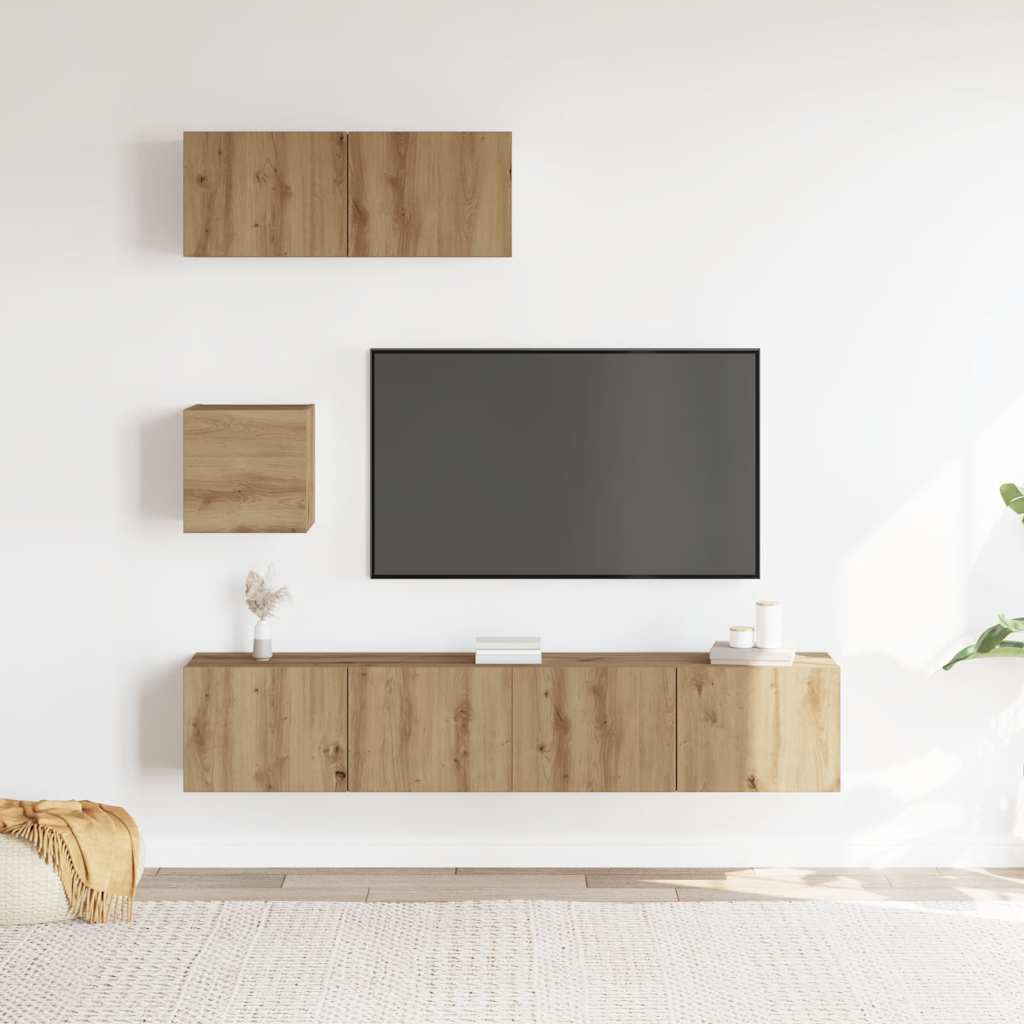 Ensemble de meubles TV 4 pièces, fixation murale, en bois de chêne artisanal