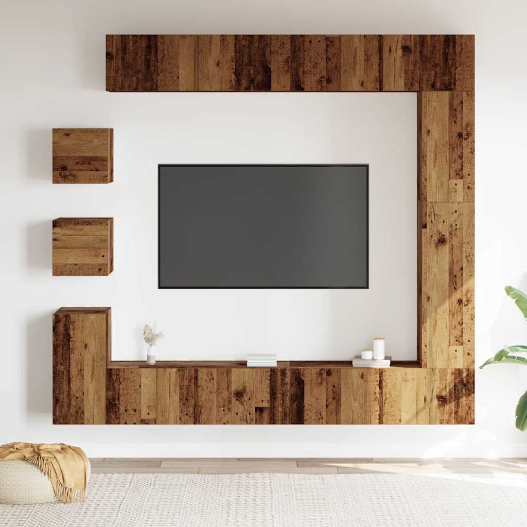 9-piece TV cabinet set, wall-mounted, reclaimed wood look, wood-based material