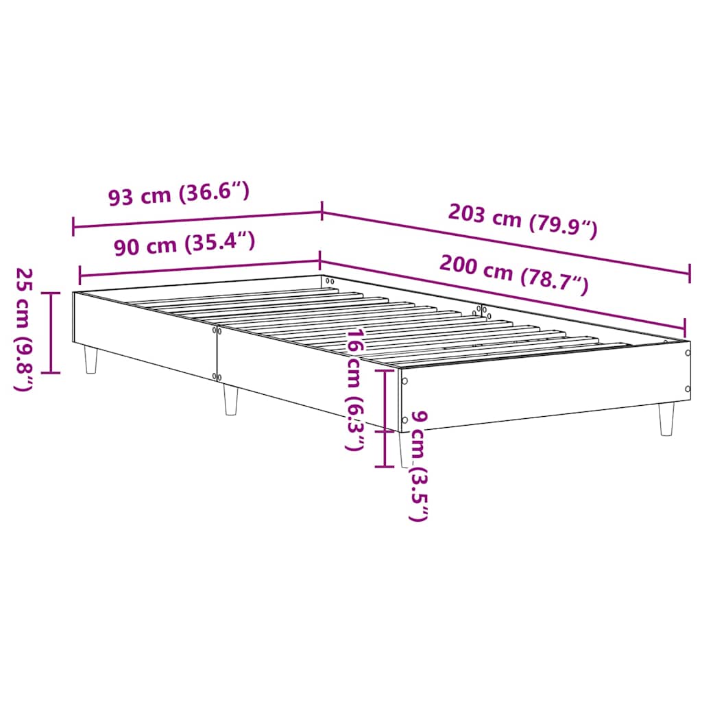 Bettrahmen Graues Sonoma 203 x 93 x 25 cm Holzwerkstoff