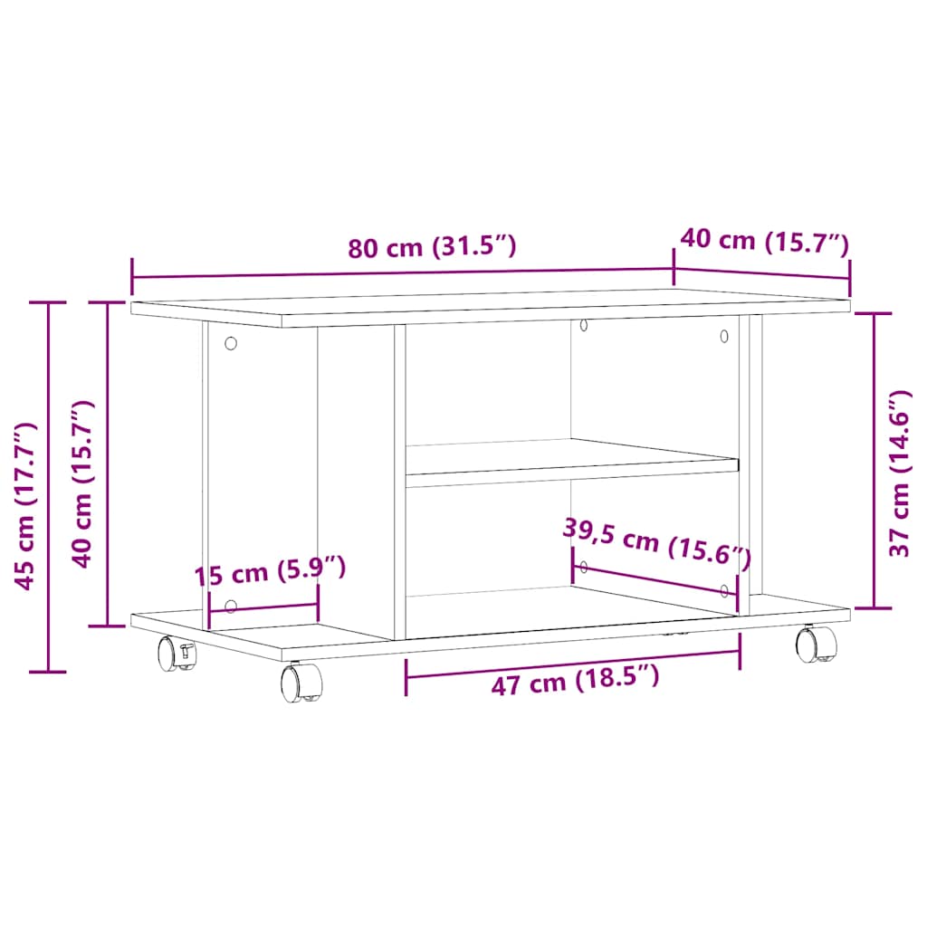 TV cabinet with wheels, black oak look, 80 x 40 x 45 cm