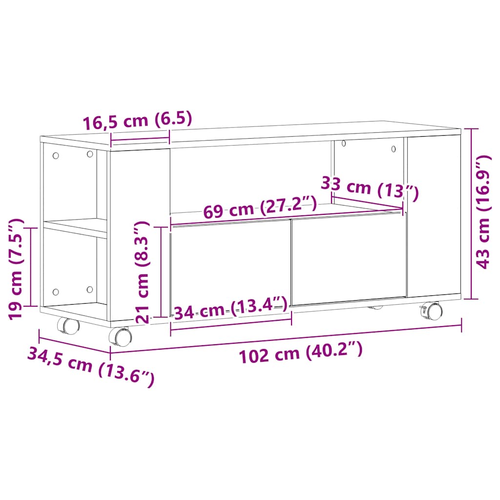 Meuble TV à roulettes, aspect chêne noir, 102 x 34,5 x 43 cm