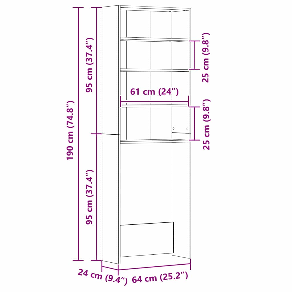 Waschmaschinen-Schrank Schwarz Eichen-Optik 64 x 24 x 190 cm