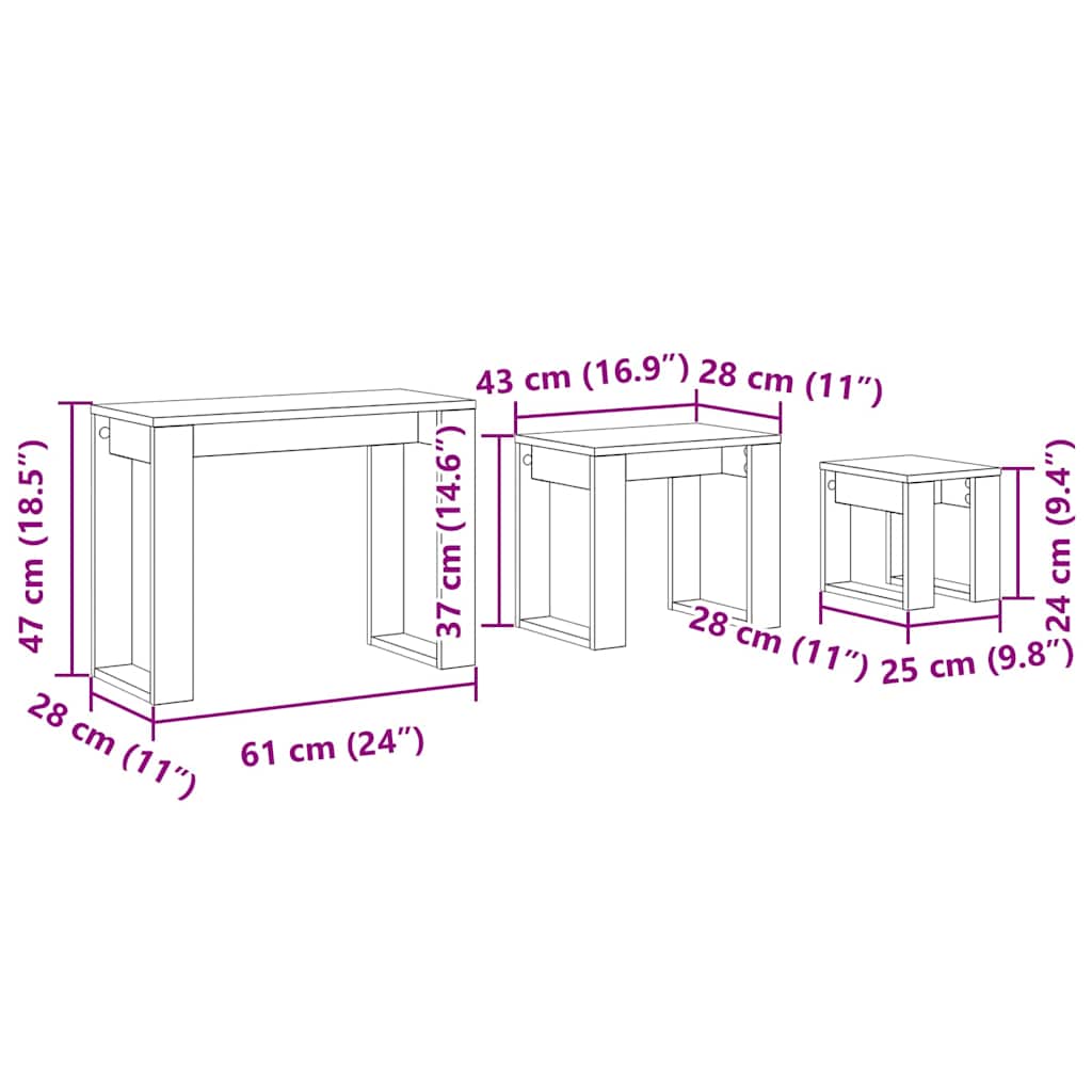 Satztische 3 Stk. Schwarz Eichen-Optik 61 x 28 x 47 cm
