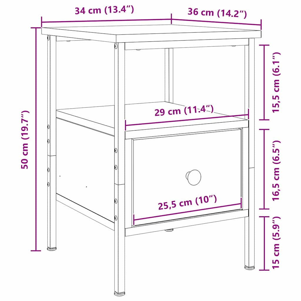 Nachttisch mit Schubladen Schwarz Eichen-Optik 34 x 36 x 50 cm