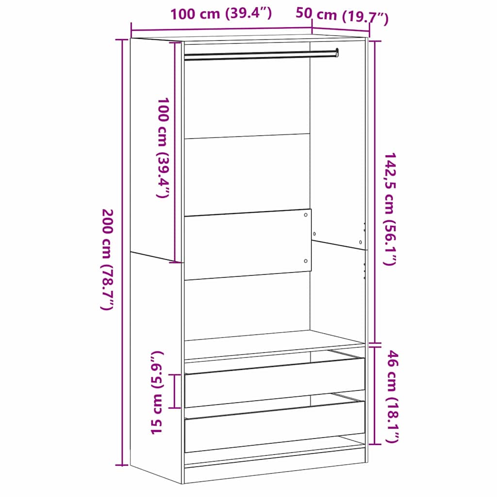 Armoire en noir et chêne, 100x50x200 cm, en matériau à base de bois