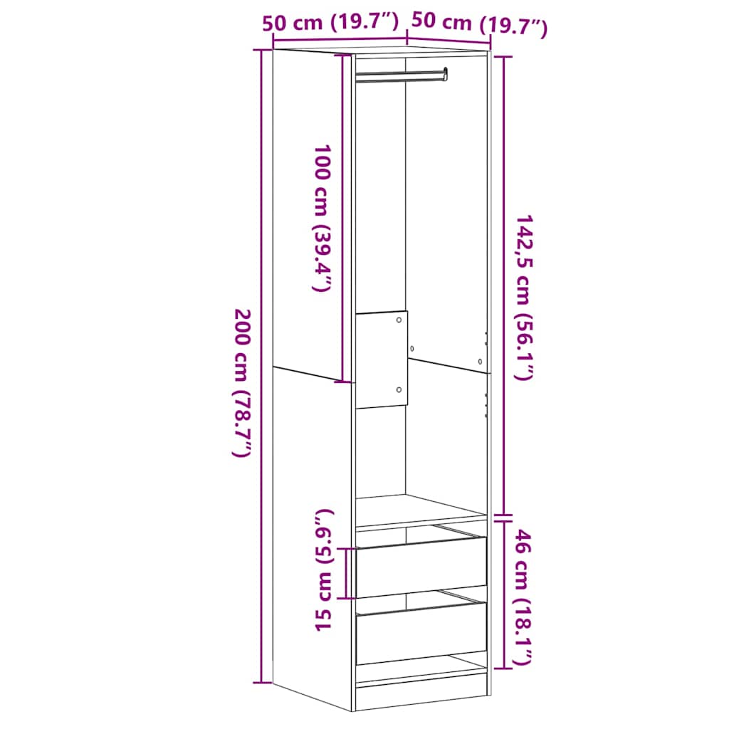 Kleiderschrank mit Regal Schwarz Eichen-Optik 50 x 50 x 200 cm