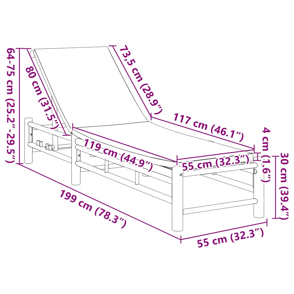 Sonnenliege mit Auflage 55x199x30 cm Bambus