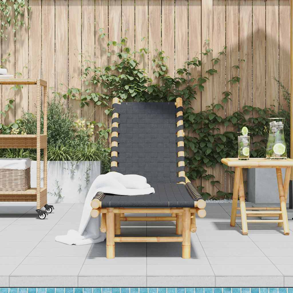 Chaise longue avec sangle tressée noire 55x200x30 cm en bambou