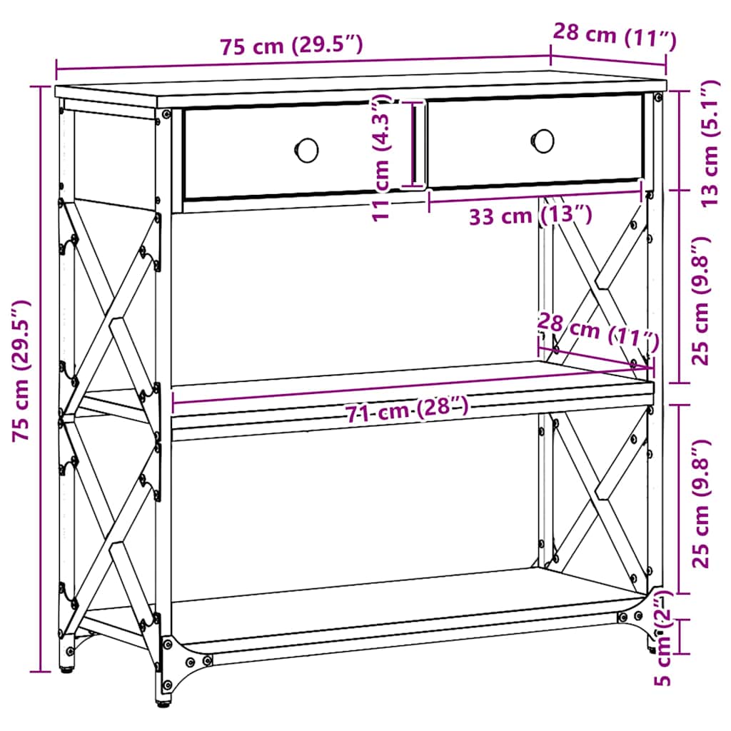 Konsole Tisch Schwarz Eichen-Optik 75 x 28 x 75 cm