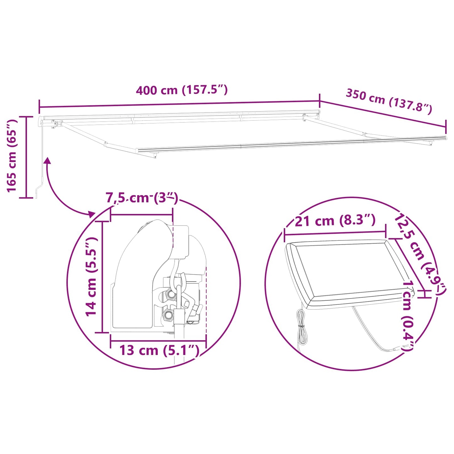 Ausziehbare Markise Mehrfarbig 400 x 350 cm Stoff und Aluminium