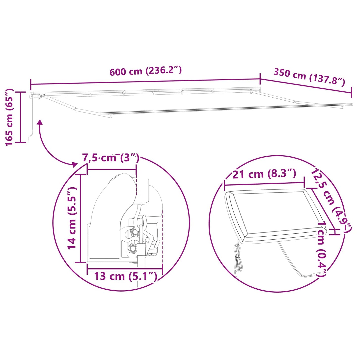 Ausziehbare Markise Mehrfarbig 600 x 350 cm Stoff und Aluminium