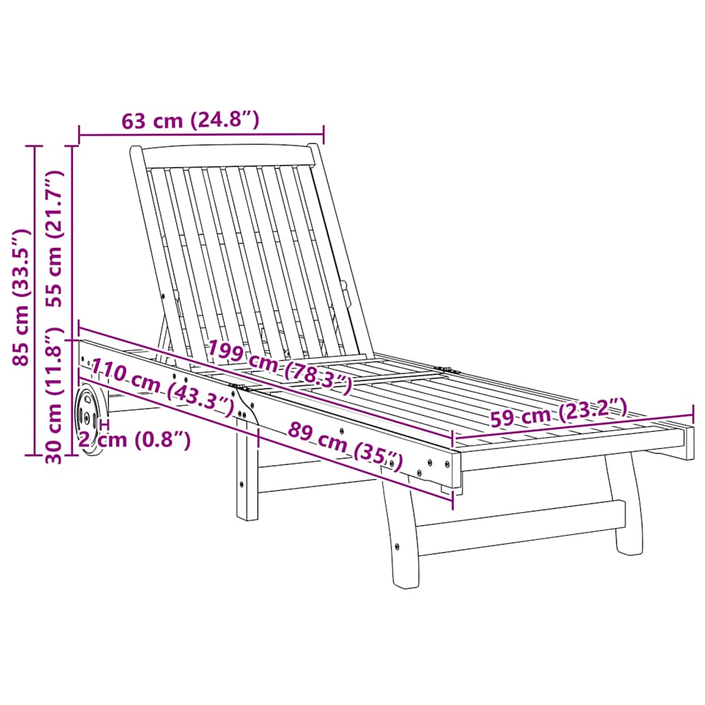 Chaises longues, lot de 2, en bois d'acacia massif