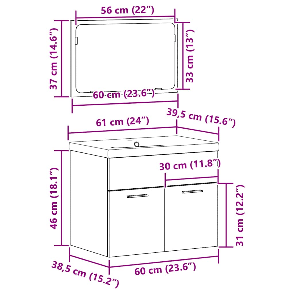 Badezimmermöbel-Set 3 stk. Altholz 60 x 38,5 x 46 cm