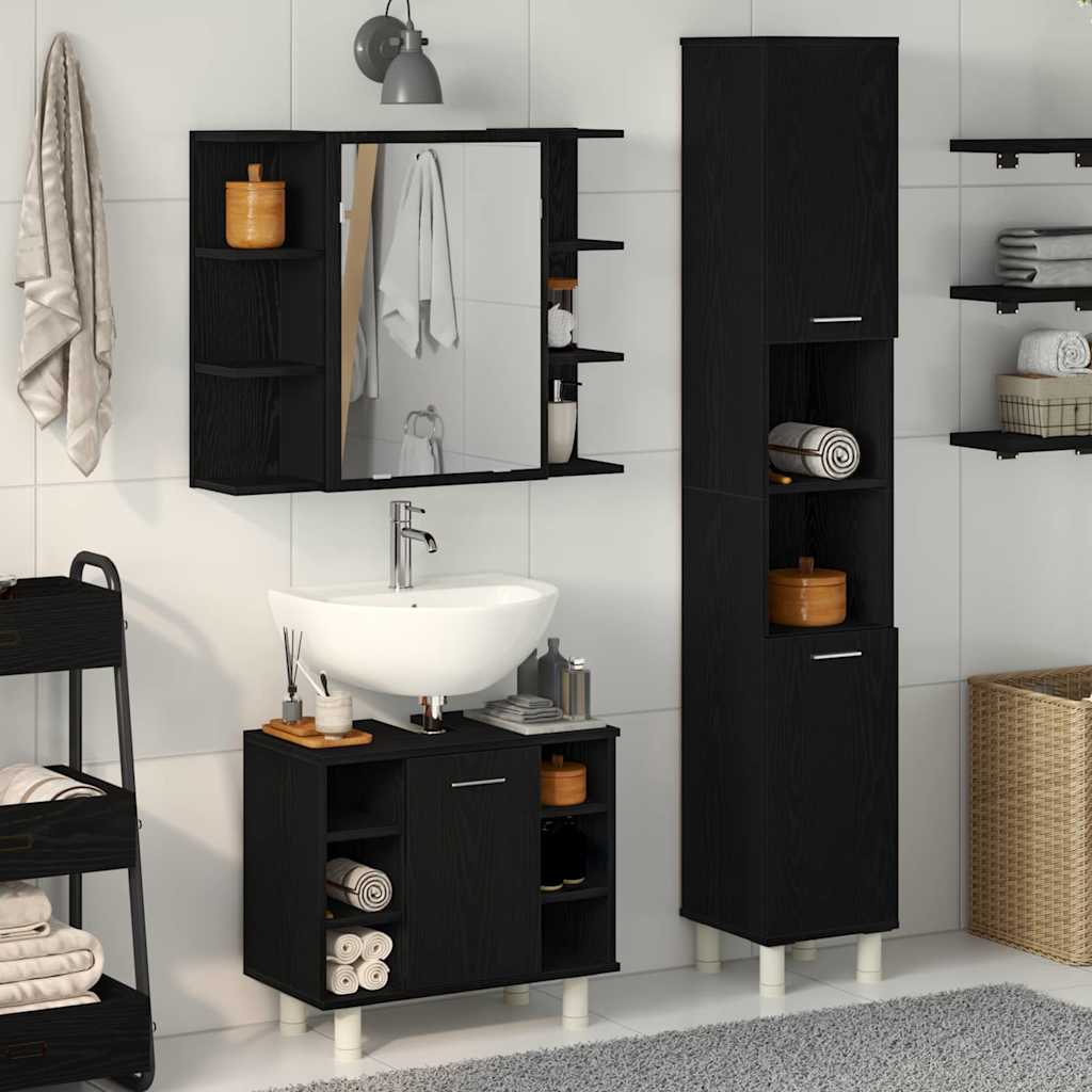 Badezimmermöbel Set mit Regal 3 pcs Schwarz 30 x 30 x 179,5 cm