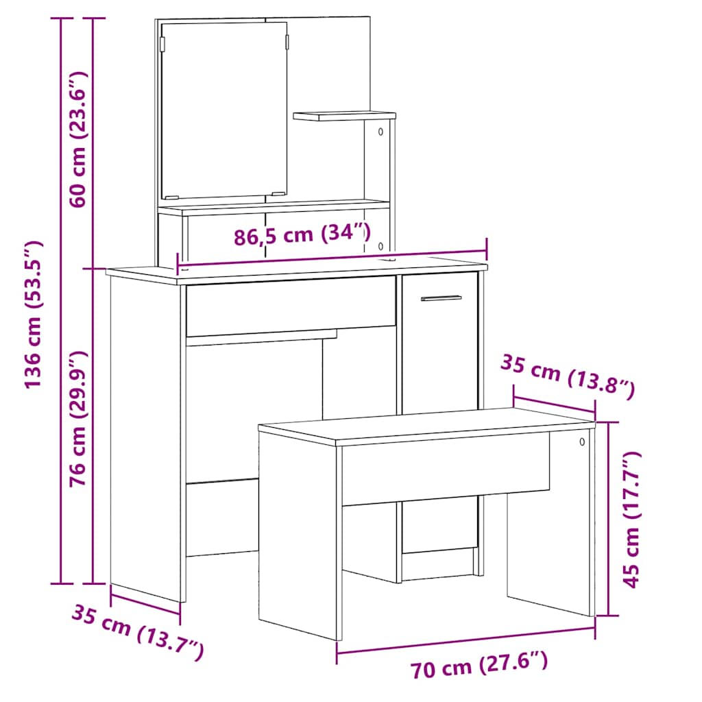 Schminktisch-Set 2 stk. Schwarz Eichen-Optik 86.5 x 35 x 136 cm