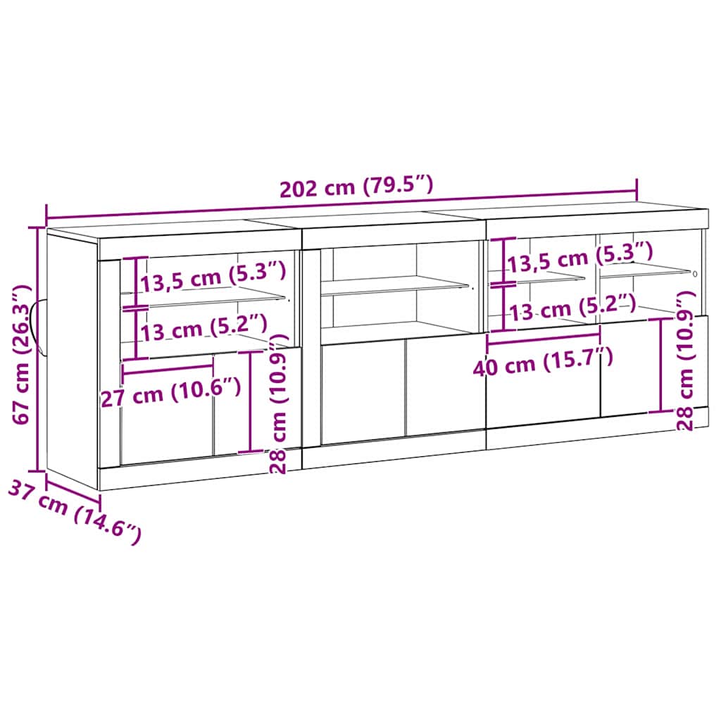 LED-Sideboard Altholz 202 x 37 x 67 cm Holzwerkstoff