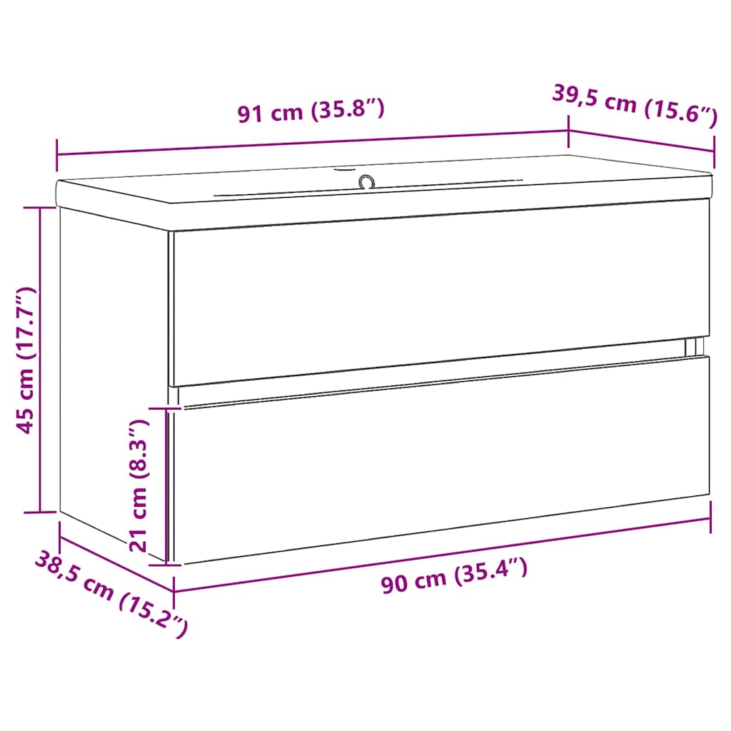 Waschbeckenschrank Schwarz Eichen-Optik 90 x 39 x 62 cm