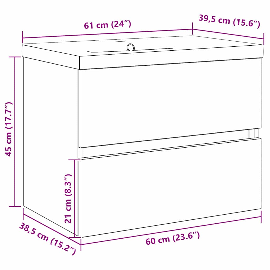 Waschbeckenschrank Schwarz Eichen-Optik 60 x 39 x 62 cm