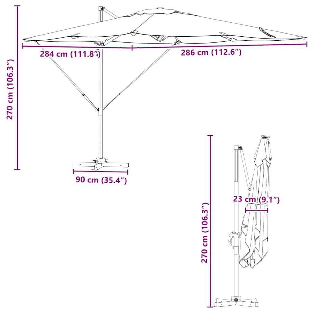 Roma Parasol Schwarz 286 x 284 x 265 cm Aluminium und Polyester