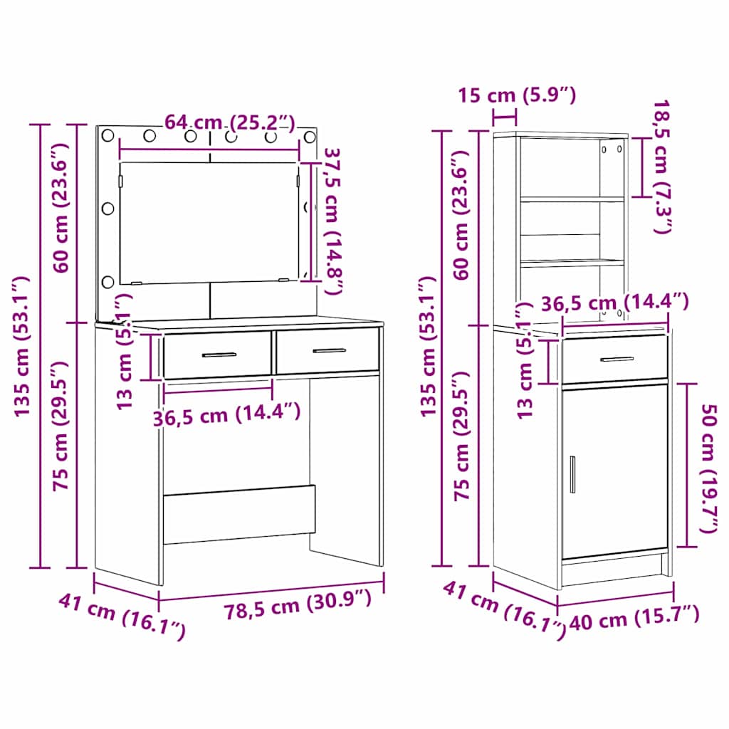 Schminktisch 2 stk. Grau 78,5 x 41 x 135 cm Holzwerkstoff