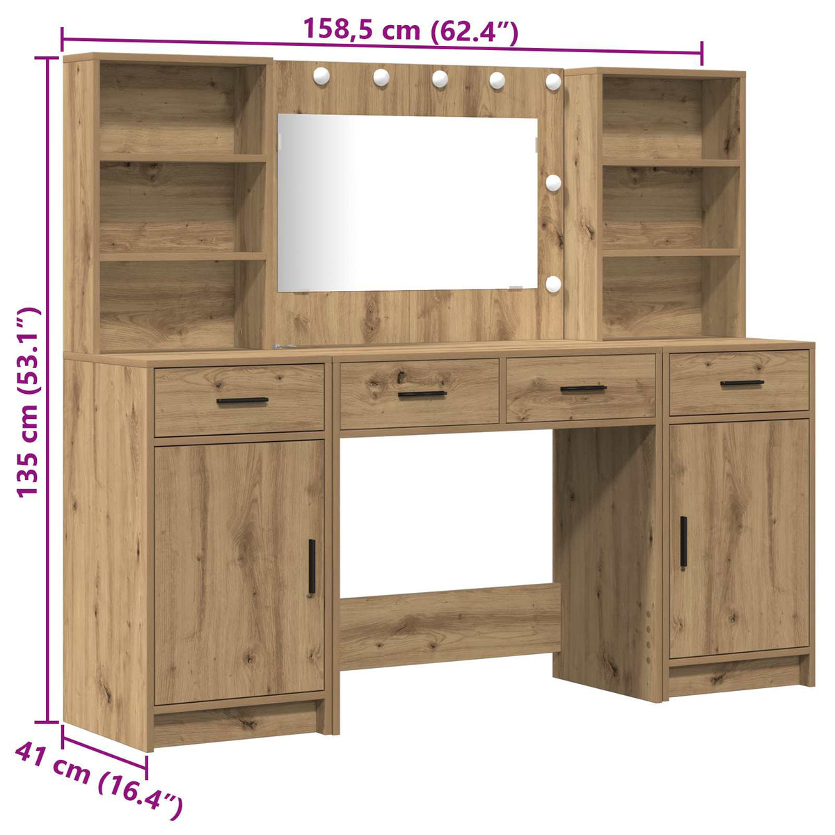Schminktisch Set 3 Stk. Artisan-Eiche Holzwerkstoff