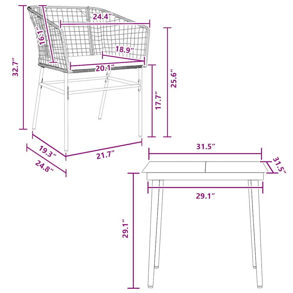 3-tlg. Garten-Essgruppe mit Kissen Schwarz Poly Rattan Glas